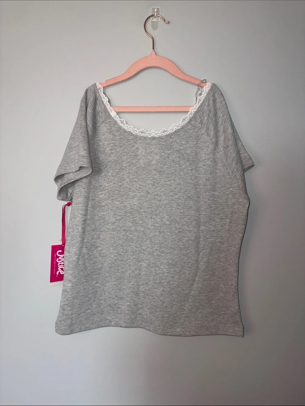 Justice Gray Tee with Pink Lettering and Hot Pink Tag Ribbon